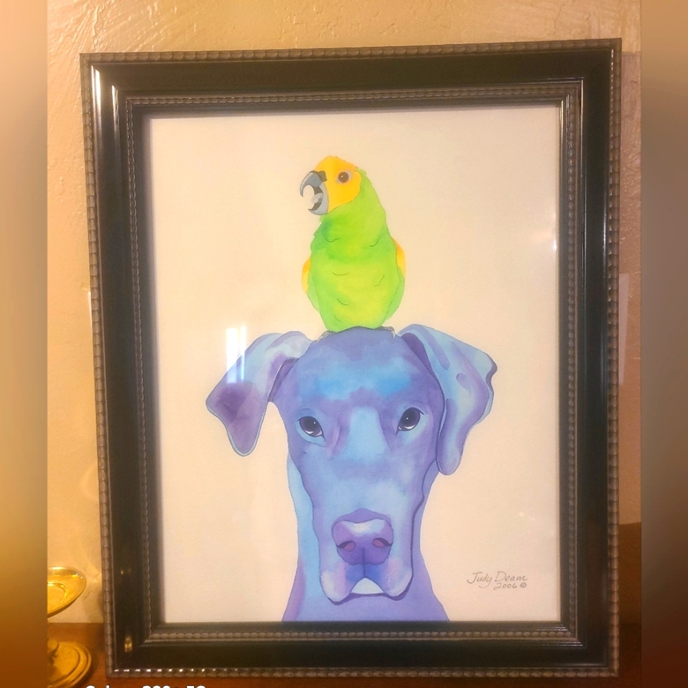 Original Waterpaint Framed Dog and Parrot Art Print
